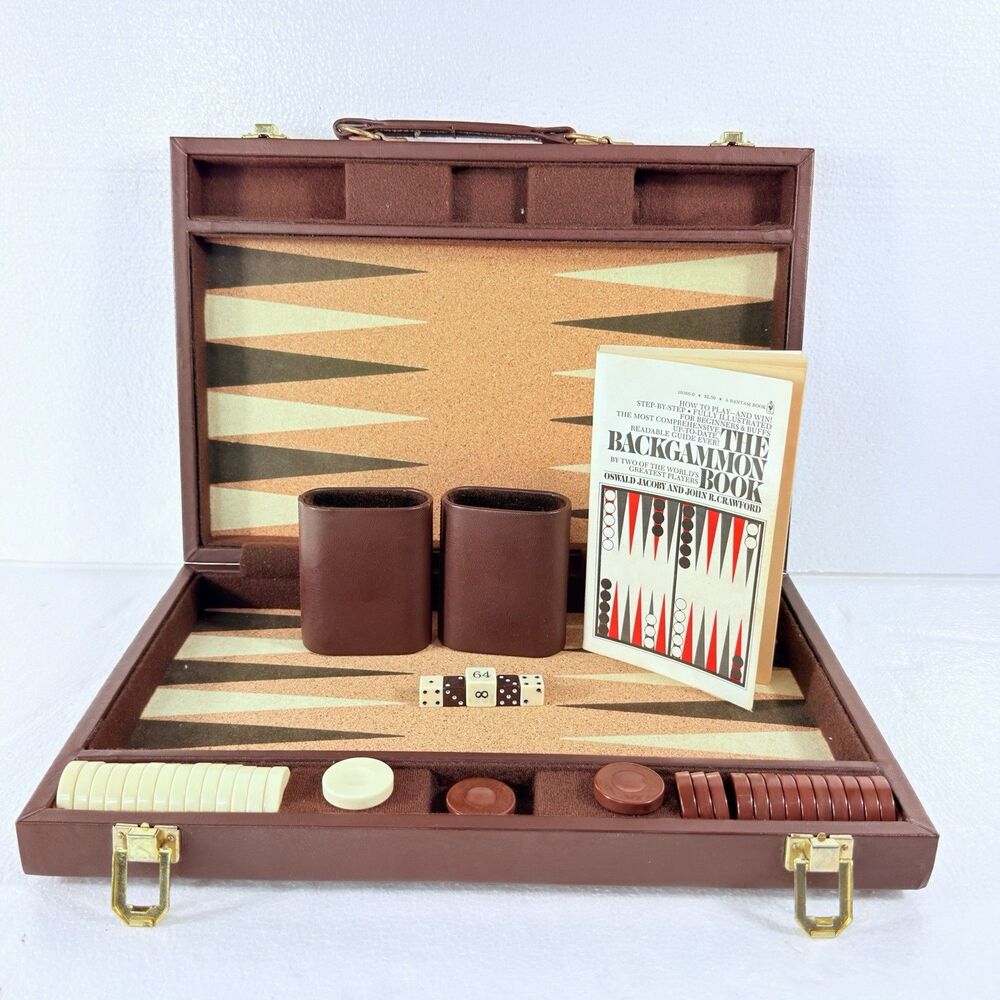 VTG 70s Backgammon Travel Set Faux Leather Carrying Case W/ Manual Complete Set